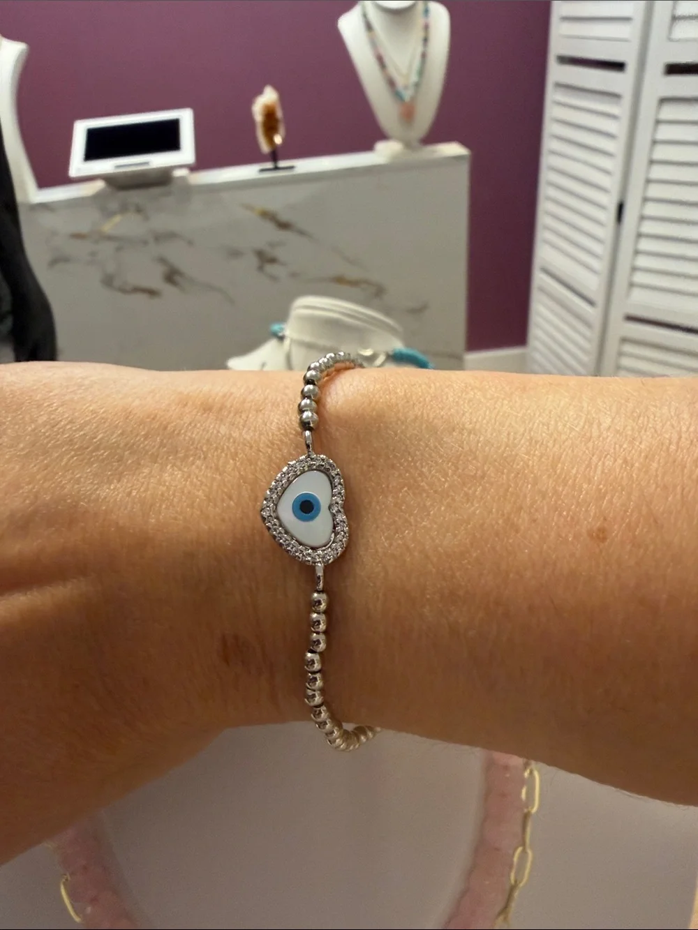 Sterling Silver Evil Eye Bead Bracelet - Blue and White protection